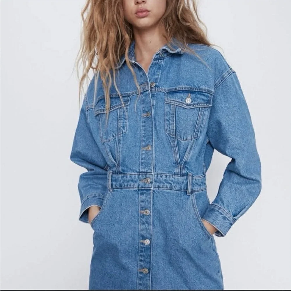 Zara Blue Denim Button-Front Mini Dress Jacket - Picture 5 of 8